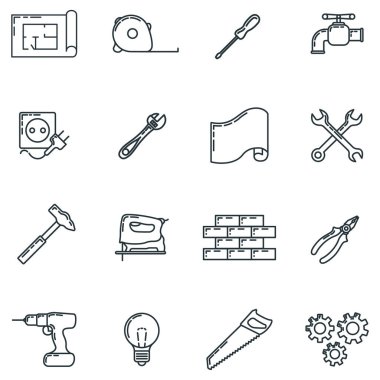 Büyük bir tamir evi 16 simgesi, konsept yenileme aracı alet gereçleri düz çizgili sanat çizgisi çizimi, beyaz üzerine izole edilmiş. Yeniden inşa ekipmanları, inşaat nesneleri.