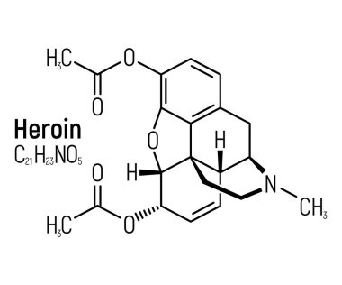 Eroin konsepti kimyasal formül simgesi, yazı tipi vektör çizimi, beyaz üzerine izole edilmiş. Periyodik element tablosu, bağımlılık yapıcı uyuşturucu.