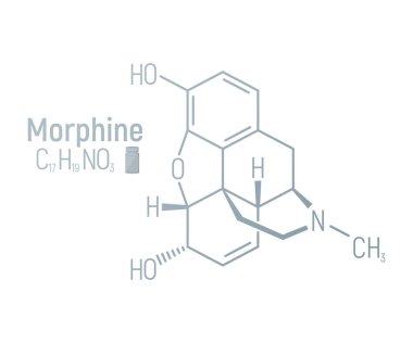 Morfin konsepti kimyasal formül simgesi, yazı tipi vektör illüstrasyonu, beyaz üzerine izole edilmiş. Periyodik element tablosu, bağımlılık yapıcı uyuşturucu.