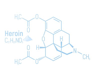 Eroin konsepti kimyasal formül simgesi, yazı tipi vektör çizimi, beyaz üzerine izole edilmiş. Periyodik element tablosu, bağımlılık yapıcı uyuşturucu.