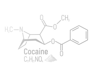 Kokain konsepti kimyasal formül simgesi, yazı tipi vektör çizimi, beyaz üzerine izole edilmiş. Periyodik element tablosu, bağımlılık yapıcı uyuşturucu.