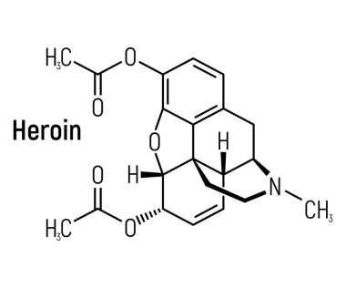 Eroin konsepti kimyasal formül simgesi, yazı tipi vektör çizimi, beyaz üzerine izole edilmiş. Periyodik element tablosu, bağımlılık yapıcı uyuşturucu.