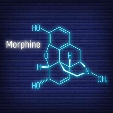 Morfin parıltısı neon tarzı kimyasal formül ikonu etiketi, yazı tipi vektör çizimi, duvarda izole edilmiş. Periyodik element tablosu, bağımlılık yapıcı uyuşturucu.