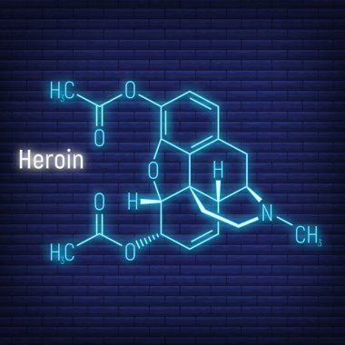 Eroin konsepti parlak neon tarzı kimyasal formül simgesi, yazı tipi vektör illüstrasyonu, duvarda izole edilmiş. Periyodik element tablosu, bağımlılık yapıcı uyuşturucu.