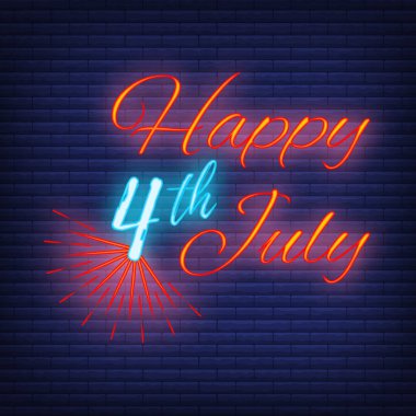 Kutlama tebrik kartı 4 Temmuz 'da, kavram parlak neon yazı tipi metin Bağımsızlık Günü siyah duvar arkaplanındaki cümle vektör illüstrasyonundan alıntı.