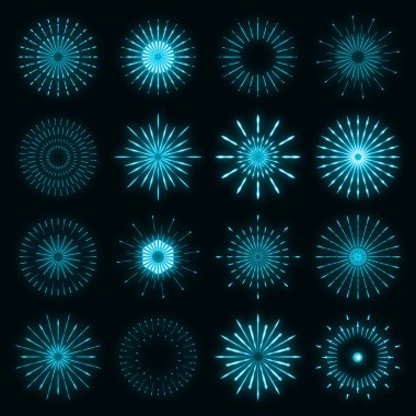 Retro ışık patlaması, neon tarzı parlak geometrik şekil, klasik ışın ışınları, güneş ışığı ikonu konsept vektör çizimi, siyah duvarda izole edilmiş. Asgari mavi havai fişek patlaması etiketi, güneş ışığı rozeti.