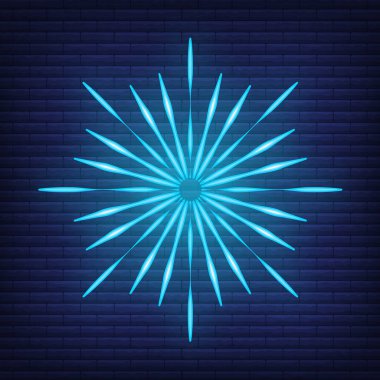 Retro tasarım hafif güneş patlaması, neon tarzı parlak geometrik şekil, klasik ışın patlaması ikonu konsept vektör çizimi, siyah duvarda izole. Asgari mavi havai fişek patlaması etiketi, güneş ışığı rozeti.