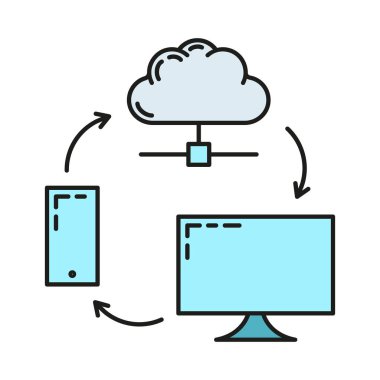 Veri alışverişi bulut simgesi, uzak bilgi depolama, veritabanı bilgisayar teknolojisi bilgi anahatları düz vektör çizimi, beyaz üzerinde izole. Modern web sunucu araç güvenliğini kavra.