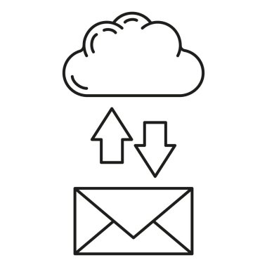 Veri alışverişi bulut simgesi, uzak bilgi depolama, veritabanı bilgisayar teknolojisi bilgi anahatları düz vektör çizimi, beyaz üzerinde izole. Modern web sunucu araç güvenliğini kavra.