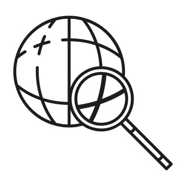 Küresel internet ikonu, çevrimiçi veritabanı, bilgisayar teknolojisi, düz vektör illüstrasyonunda arama bilgileri, beyaza izole edilmiş. Web aracı bilgisini, uzak sunucu veri alımını kavra.