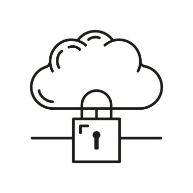 Veri alışverişi bulut simgesi, uzak bilgi depolama, veritabanı bilgisayar teknolojisi bilgi anahatları düz vektör çizimi, beyaz üzerinde izole. Modern web sunucu araç güvenliğini kavra.