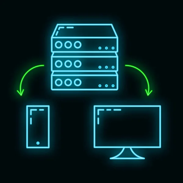 リモートコンピュータサーバーデータクラウドアイコンはネオンスタイルを輝き データベースストレージ技術を保護する白い上に隔離されたフラットベクトルイラストをアウトライン 概念Webツールのセキュリティバックアップ交換情報 — ストックベクタ
