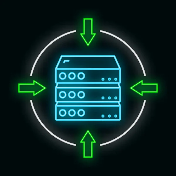 远程计算机服务器数据云图标发光霓虹灯样式 保护数据库存储技术概述平面矢量图形 隔离在白色上 概念网络工具安全备份交换信息 — 图库矢量图片
