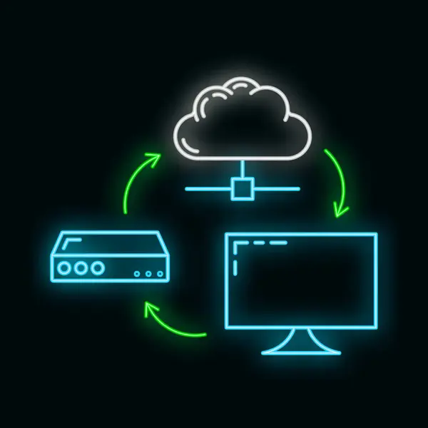 Výměna Dat Cloud Icon Glow Neon Style Remote Info Storage — Stockový vektor