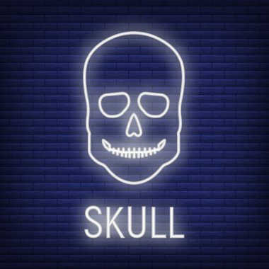 Kafatası kemiği ikonu parlak neon tarzı, iskelet parçası organizma, roentgen insan vücudu görüntüsü siyah üzerine izole edilmiş, düz vektör çizimi. Siluet siyah biyolojik bilim.