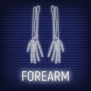 Ön kol kemiği simgesi parlak neon tarzı, iskelet parçası organizması, siyah, düz vektör çizimine izole edilmiş insan vücudu görüntüsü kavramı. Siluet siyah biyolojik bilim.