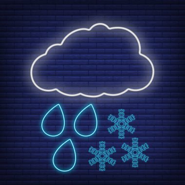 Yağmur yağışı karlı bulut, kar tanesi simgesi neon ışıklı ikon, konsept hava durumu düz vektör çizimi, siyah üzerine izole edilmiş. Tuğla arkaplan, web iklim etiketi.