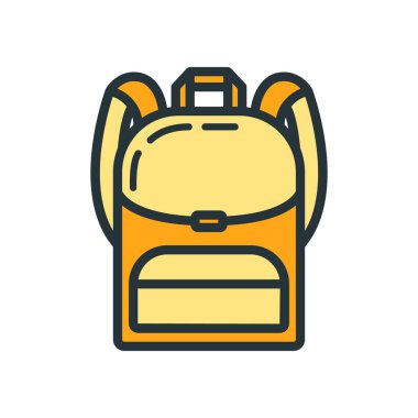 Sırt çantası simgesi eğitim kurumu süreci, okul rengi düz vektör çizimi, beyaza izole. Malzeme sembolü kavramı, devlet üniversitesi.