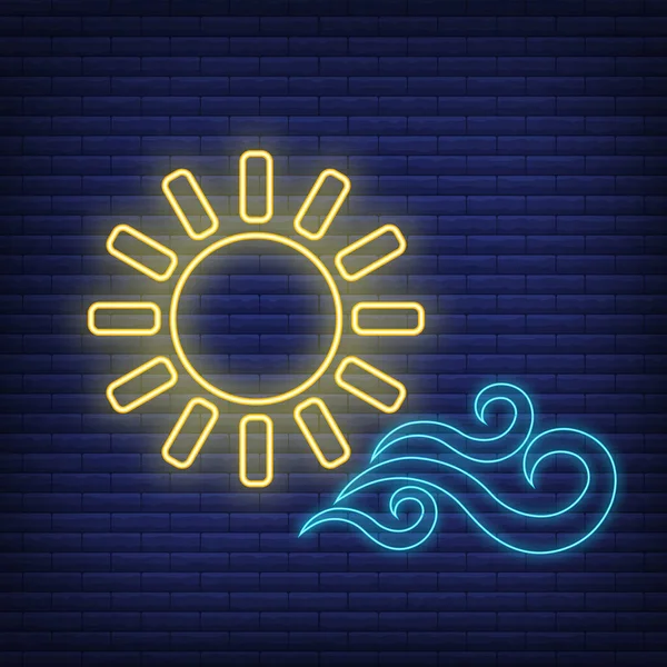 Sonne Mit Windsymbol Leuchtet Neon Stil Konzept Wetterlage Umreißt Flache — Stockvektor