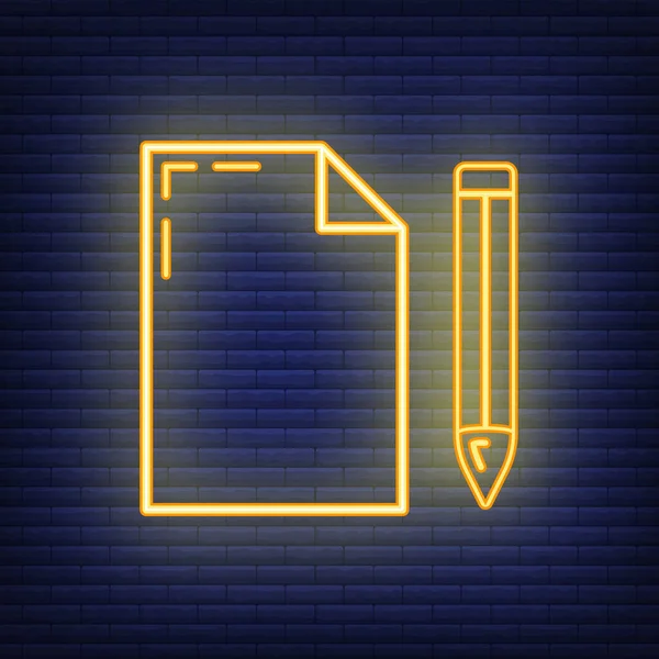 Wooden Ruler Pencil Document Icon Glow Neon Style Educational Institution — 스톡 벡터
