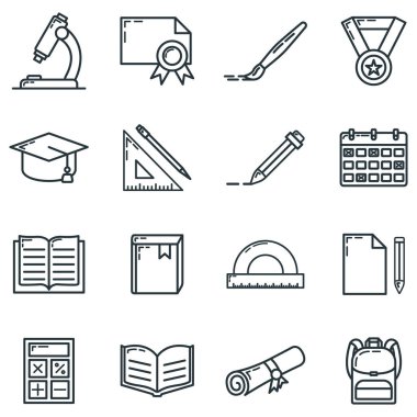 Konsept, okul ikonu, 16 kırtasiye eğitimi öğesi eğitim kurumu süreci, düz ana hatlı vektör çizimi, beyaza izole edilmiş. Bilimsel materyal sembolü ve eğitimi.