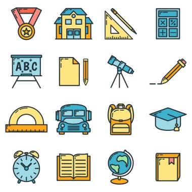 Konsept, okul ikonu, 16 kırtasiye eğitimi öğesi eğitim kurumu süreci, düz ana hatlı vektör çizimi, beyaza izole edilmiş. Bilimsel materyal sembolü ve eğitimi.