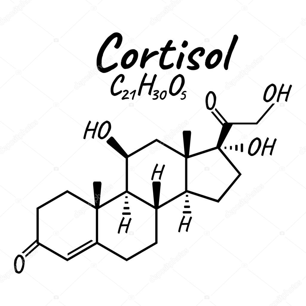 Human hormone cortisol concept chemical skeletal formula icon label, text font vector illustration, isolated on white. Periodic element table. Healthy lifestyle endocrine system.
