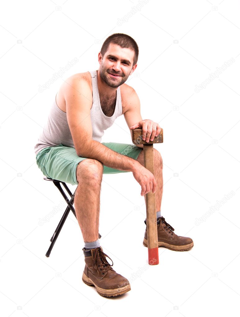 a man with a hammer on a white background