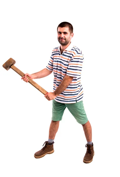 Un homme avec un marteau sur fond blanc — Photo