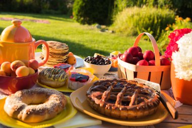 güneşli bir arka bahçesinde bir piknik