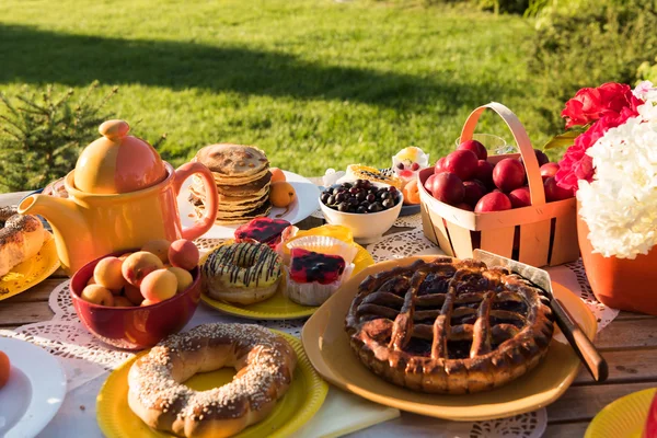 güneşli bir arka bahçesinde bir piknik