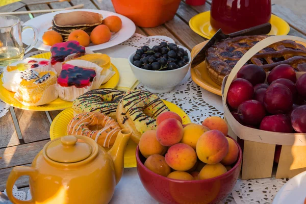 güneşli bir arka bahçesinde bir piknik