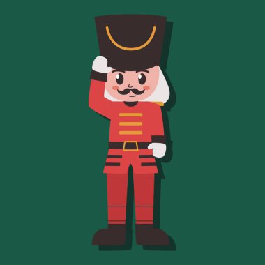 Kafasında şapkası olan, siyah ve kırmızı üniformalı bir çizgi film karakteri.