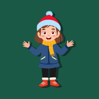 Mavi ceketli ve kırmızı şapkalı bir kız yeşil arka planda duruyor.