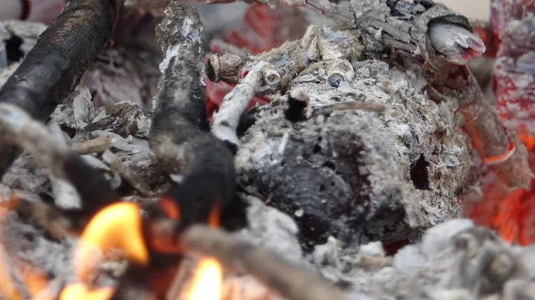 Flammen auf Kohlen am Lagerfeuer — Stockfoto