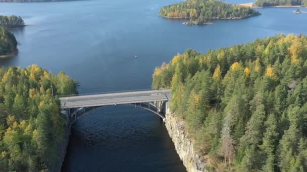 An aerial view of the Lake Saimaa and the long bridge.geology shot.4k — Stock video