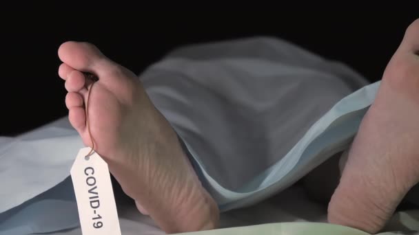 Een covid-19 dood op het mortuarium bed met het label — Stockvideo