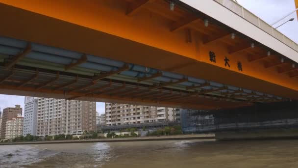 Japonya 'daki Tokyo şehrindeki uzun köprünün altından geçiyor. — Stok video