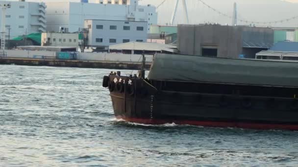 Μεγάλο επιβατηγό πλοίο με υφασμάτινο κάλυμμα στην κορυφή του λιμανιού της Οσάκα στην Ιαπωνία — Αρχείο Βίντεο