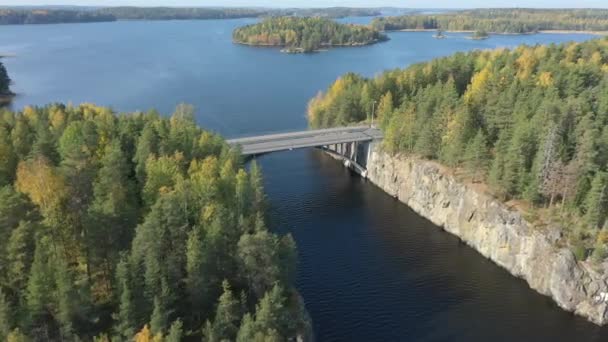 Um tiro aéreo das árvores no lado da ponte no Lago Saimaa, na Finlândia. — Vídeo de Stock