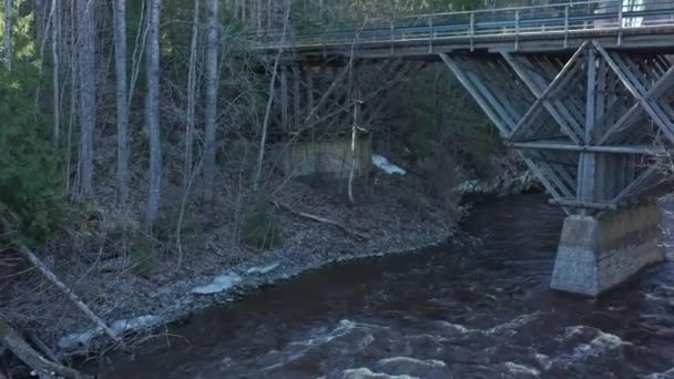 Bella ripresa aerea di un ponte che attraversa un fiume in una foresta. — Video Stock