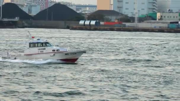 Ένα ταχύπλοο που επιπλέει στο νερό στο λιμάνι της Οσάκα στην Ιαπωνία — Αρχείο Βίντεο