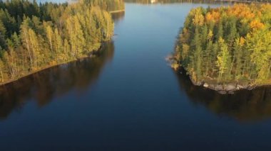 The aerial view of the trees on the middle of Lake Saimaa on a sunny day.