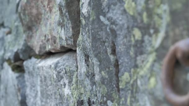 旧花岗岩墙壁上有生锈的环状物的闭合镜头. — 图库视频影像