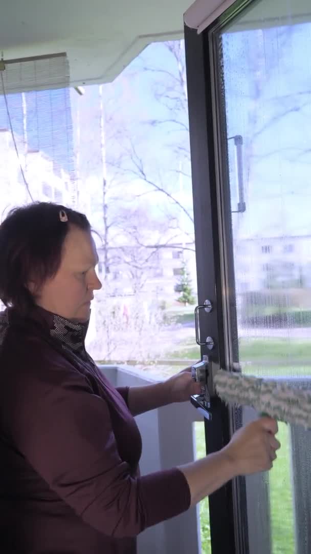창문을 청소하고 청소하는 부인의 수직 샷 — 비디오