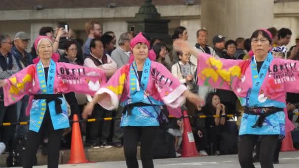 Alte Dame in rosa und blauen Kimonos bei Festival in Tokio Japan — Stockvideo