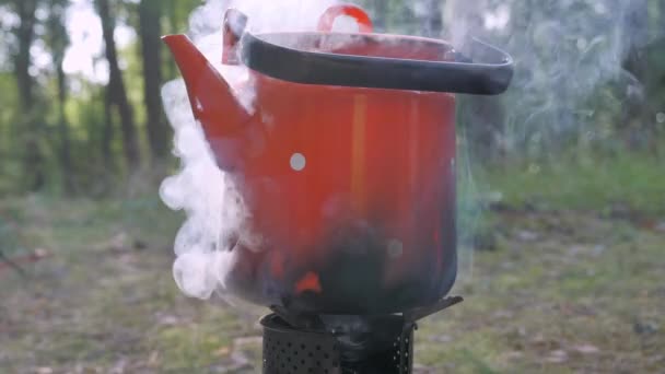 Nauwere blik van de rode pot op de bovenkant van de kachel.4K — Stockvideo