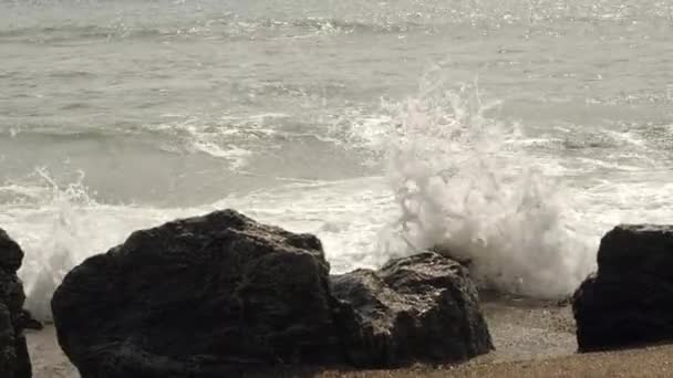 Duże fale rozpryskują się na wybrzeżu plaży Koijigahama w Taharze Japonia — Wideo stockowe