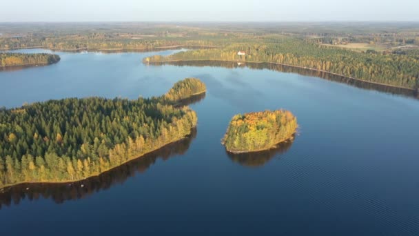 Krajina letecký výhled na obrovské jezero Saimaa s vysokými stromy kolem. — Stock video