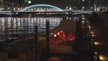 Tokyo 'daki nehirde yüzen tekne.